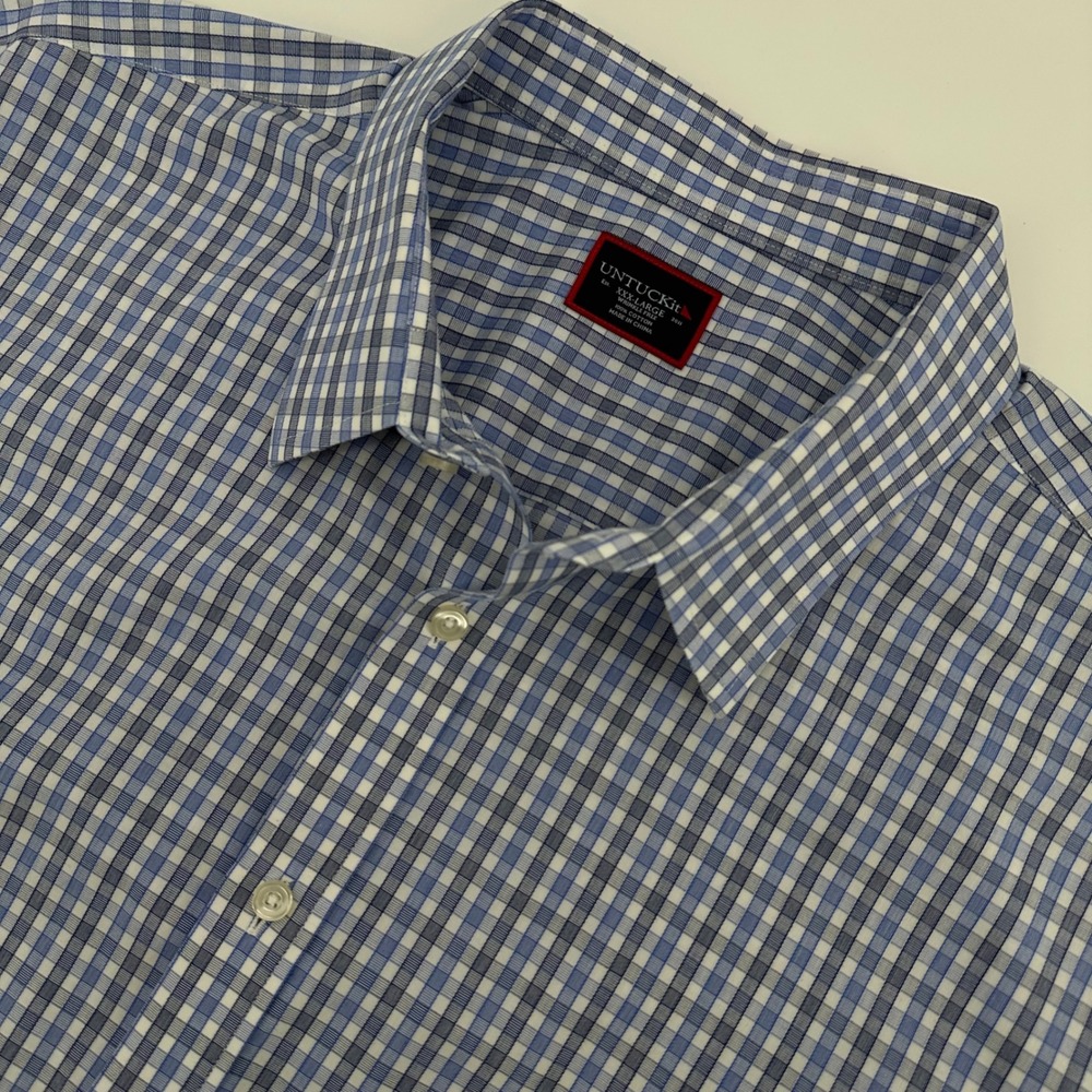 UNTUCKit Dante Men 3XL Blue Gingham Check Short Sleeve Wrinkle Free Shirt 31150